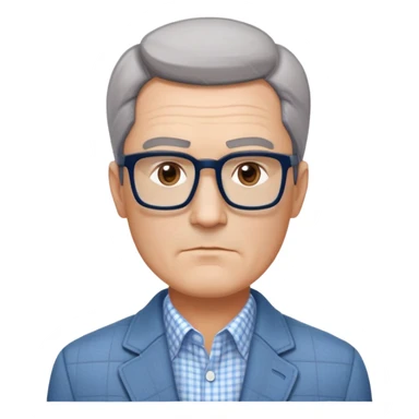 50-year-old man with square face, large dark square glasses, short straight hair combed to the side with some gray. Serious-relaxed expression with subtle age lines. Light gray jacket, white shirt with blue checkered pattern. sticker