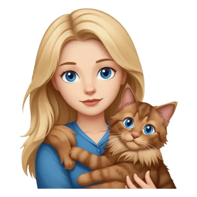 A blonde blue eyed woman holds a brown Maine Coon cat in her arms sticker