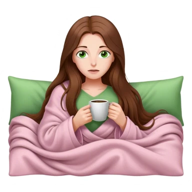 woman with very long brown hair and green eyes in a light pink blanket sleepy with coffee sticker