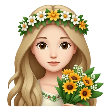Beautiful girl with long hair and a wreath holding a bouquet of flowers sticker