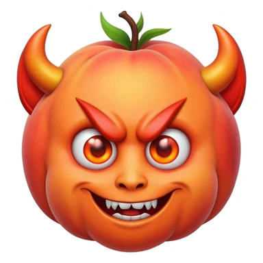 A peach with devil horns and a devil face sticker