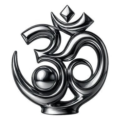 Place a luminous chrome sphere in the center of the abstract Om symbol, keep the style swirling and metallic, with no background. sticker