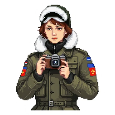 Russian army blogger in an ushanka and vatnik, with a camera or phone sticker