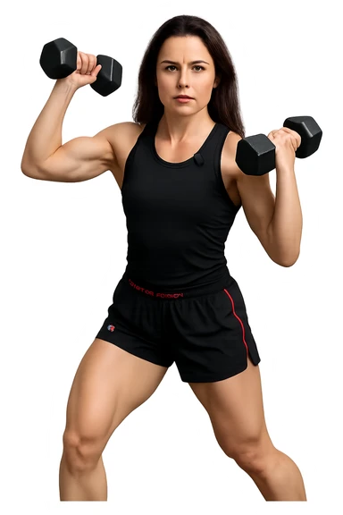 Allenamento ad alta intensità donna mentre fa pesi con in mnao due manubri sticker