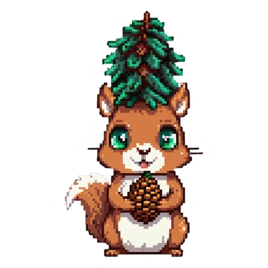 A greedy squirrel with a large pine cone balanced on its head, with a weird facial expression and wide eyes sticker