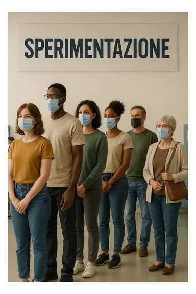 donne e uomini che fanno fila per i vaccini, chiamati "Sperimentazione" sticker