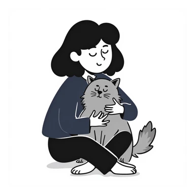 Brunette girl with dark blue sweatshirt snuggling a fluffy grey Siberian cat sticker
