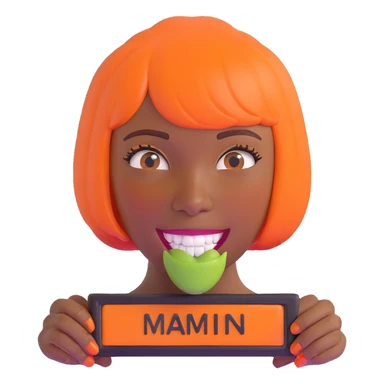 dark skinned Black woman with orange bob wig like Chucky's hair, visible plaque on her teeth sticker