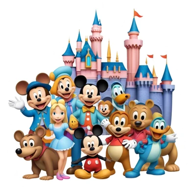 Colorful icon for Animated Movies: A vibrant collage featuring iconic characters like Goofy, Mickey Mouse, Franco, Masha and the Bear and Luntik. Each character should be large and bright, set against a cheerful and playful background of Disneyland. Transparent background. sticker