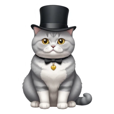 British Shorthair cat full body sitting with a top hat sticker
