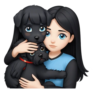 pale girl with light blue eyes and long black hair wearing black shirt hugging black schnauzer  sticker