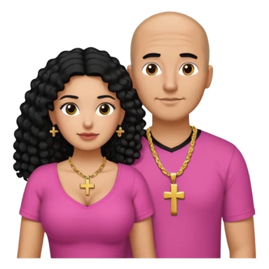 A picture if a couple. the man is a Mexican man with tanned skin, black hair, a bald hair cut, short boxed beard, and wearing a black shirt. the woman is mixed with black and white, with curly long hair, a gold cross necklace, wearing a pink shirt and with big boobs sticker
