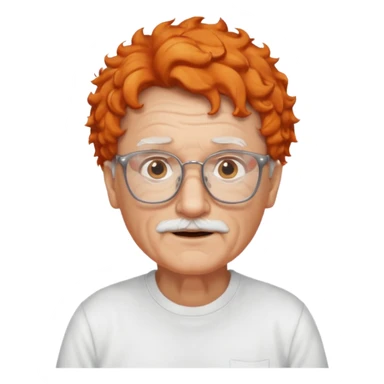 old man, orange curly hair, no mustache, wearing glasses, long face, wearing a white t-shirt sticker