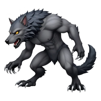 cinematic-noble-fierce-werewolf-full body on all fours-emoji, poised-and-imposing, with a tall, lean, and muscular wolfish frame inspired by the brutal, imposing shape of the beast from Berserk, fur rippling in shades of midnight black and silver, massive paws with razor-sharp claws, elongated limbs and fangs, eyes glowing with an intense, primal ferocity, reflecting the untamed power of the wild moonlit night; rendered with realism like a wolf hunched over battle ready pose ready to attack sticker