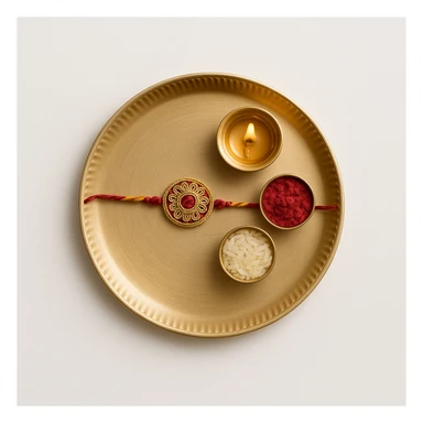 A simple rakhi thali with a rakhi, diya, and roli chawal, minimal and elegant design sticker