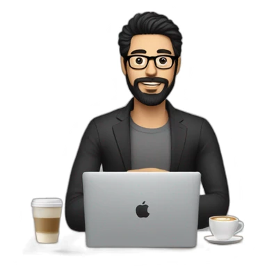 Designer with black hair, beard and glasses working with MacBook and drinking cappuccino  sticker