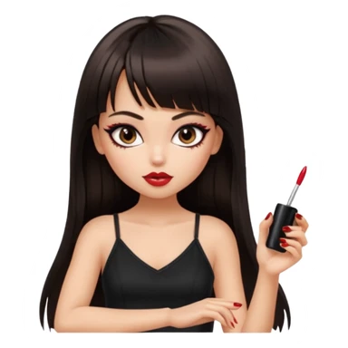 generate a pretty bratz girl in black cami top, dark brown straight long hair with bangs, eyeliner on, getting her nails done sticker