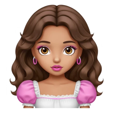 generate a pretty bratz girl with dark brown eyes in a white puff sleeve top. Pink lipgloss. Brown wavy hair long.  sticker