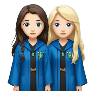 a pretty ravenclaw girl with long dark brown hair and blue eyes standing with a pretty Slytherin girl with long blonde hair, blue eyes sticker