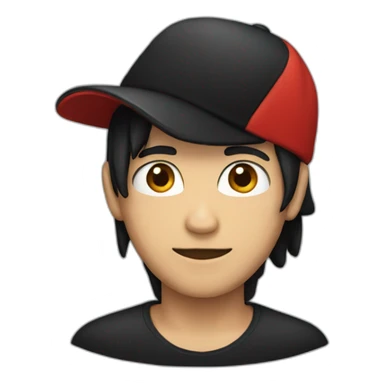A person with black hair, a red hat, a black shirt, and a skull  sticker