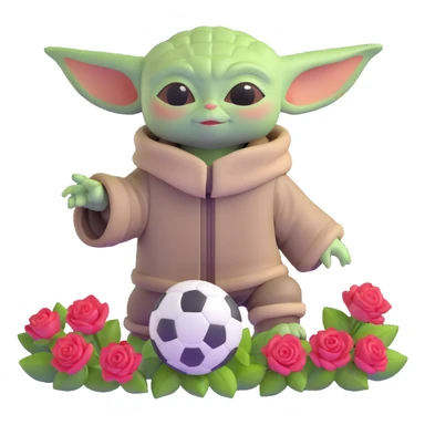 baby Yoda kicking a soccer ball with small roses beside him sticker