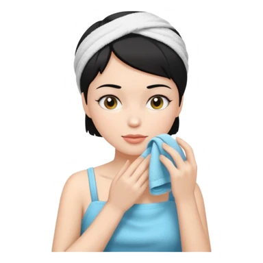a white woman who has black short hair cleaning her face sticker