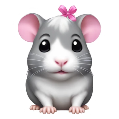 A grey hamster with a small pink bow on the head sticker