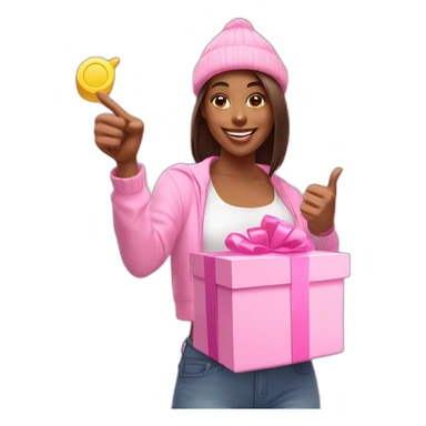 influencer promoting a pink gift box in her arms and thumb up sticker