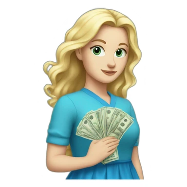 white girl in a blue dress holding the money sticker