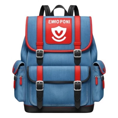 a blue denim backpack with a flap top, two vertical black buckle straps on the front. The backpack has two side pockets and a soft square shape. at front pocket bottom side, red and white two divided logo 

 sticker