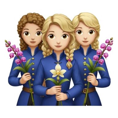 3 female musketeers, one with brown curly hair, one with straight blond hair, one with blond hair in pony tail, all holding orchids sticker