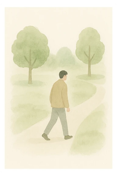 man walking through a green park, trees and path, watercolor art style sticker