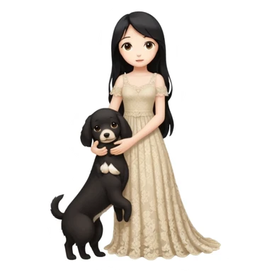 Pastel anime lady long hair with long lace dress full body holding puppy sticker