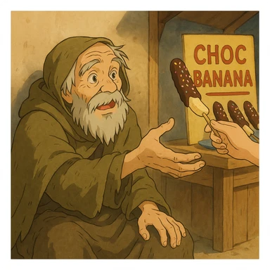 ghibli style illustration of a beggar reaching for a chocobanana, warm and expressive sticker