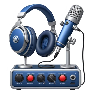 Create a sleek and professional emoji that represents voice acting and dubbing equipment. The design should feature a high-quality microphone, a sound mixer or audio interface, and headphones to symbolize the recording and technical process. Include elements like a soundproof booth or audio cables to reflect the studio environment. Use a modern, clean design with colors like silver, black, and dark blue to represent the professional side of voice acting. The background should be transparent. sticker