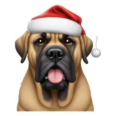 British mastiff wearing a traditional Santa hat and beard sticker
