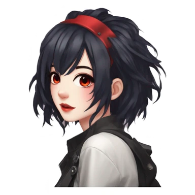 Gorgeous anime style lady with blushing face aesthetic and pretty edgy black red punk hair with hair garment trending style sticker