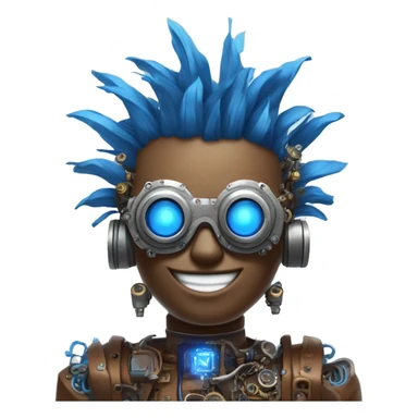 Brown cyborg head with blue Mohawk, blue beard, silver steampunk monocle goggles a smile and circuits sticker