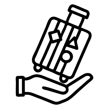 ribbed rolling suitcase with handle, covered in travel stickers, held in a hand or standing at an angle, bold outlines, graphic sharp shadows and highlights, no smooth blending sticker