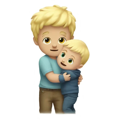 Little blonde baby boy holding the hand of a giant monster sticker