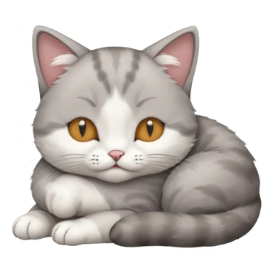 grey and white small cat with its eyes closed lying down with his head leaning on his paw sticker