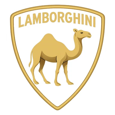 luxury car badge style Lamborghini logo with a shield shape, gold and black colors, featuring a bold and elegant dromedary camel instead of the bull sticker