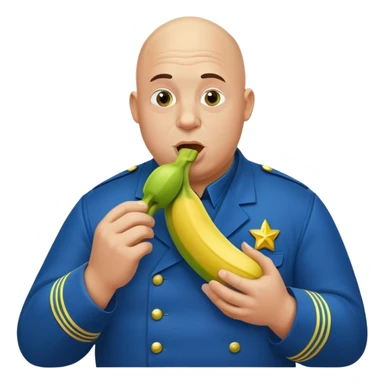 bald a bit fat man in a blue uniform eats a toxic green banana that radiates sticker