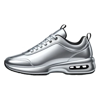 A pair of futuristic sneakers emoji made of silver chrome, sleek streetwear design, smooth metallic panels, subtle reflections, luxury swag aesthetic, iOS emoji style, centered, clean white background sticker