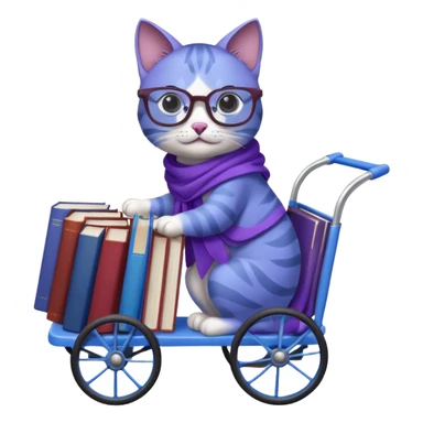 Purple and blue cat, with glasses and a shawl, pushing a 4 wheeled cart full of books sticker