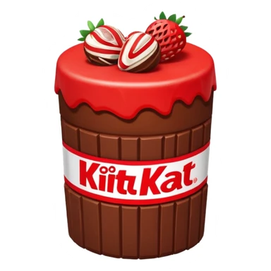 Bolo de chocolate cilíndrico, com fatias de morango em cima e a parede do bolo ao redor de kitkat sticker