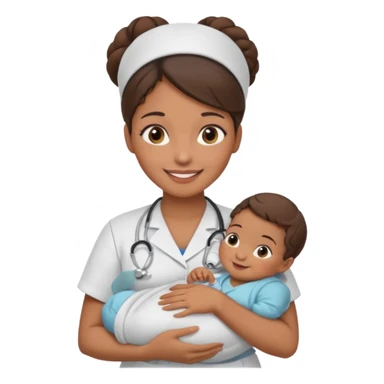 Female nurse smiling with a hair bun on top of head with medium brown skin and brown eyes holding one new born  sticker