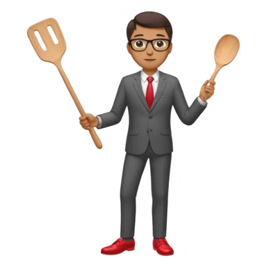 man with glasses wearing a suit and red shoes holding a spatula sticker