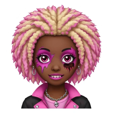 girl, zombie,pink and blonde afro, medium long, emo, shaggy, dark, spooky,double eyebrow dermal piercing, cute illuminous smile sticker