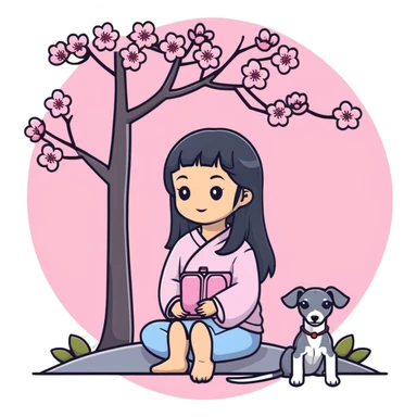 A young Chinese girl with long black hair and a pure dark grey Italian Greyhound with absolutely NO white markings anywhere on its body sitting under a cherry blossom tree. The dog must be completely solid dark grey with no white on muzzle, paws, or chest. sticker